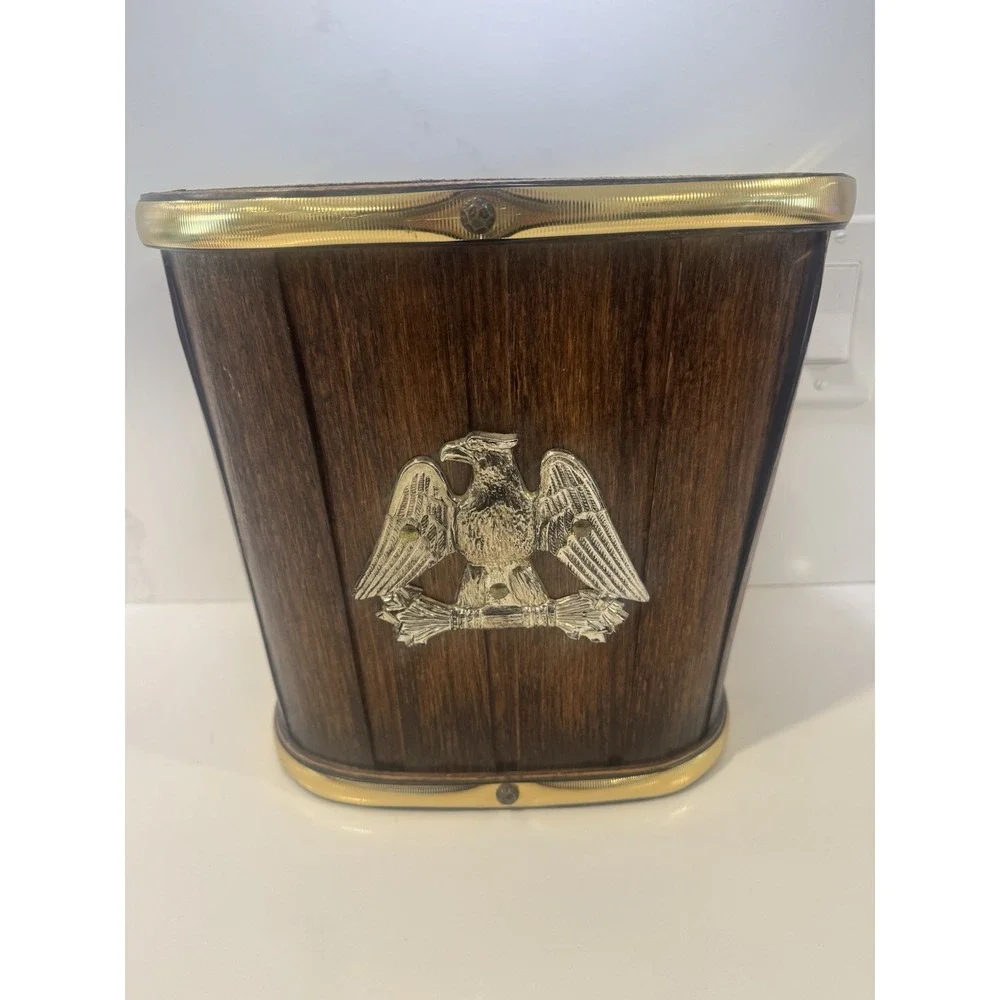 Vintage Basketville Putney Vermont Wood Wastebasket Brass Eagle Trash Can 11.5